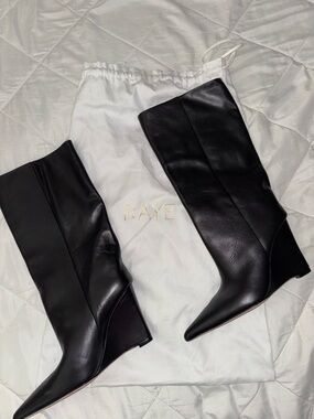 RAYE Black Leather Wedge Knee Boots